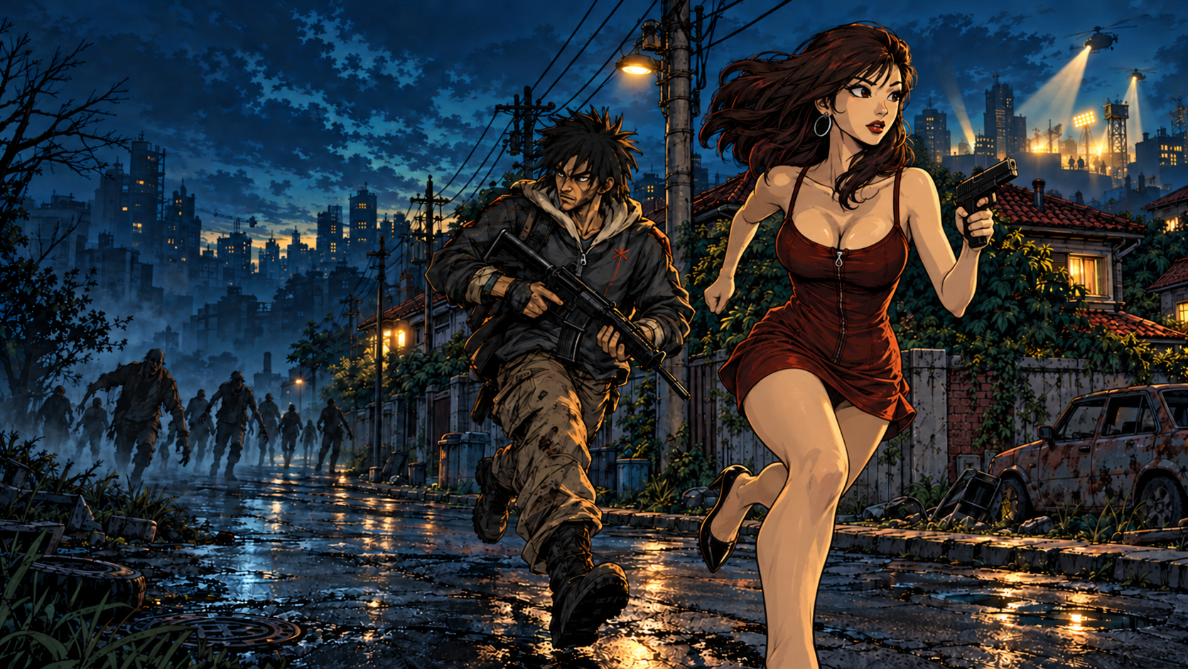 Gruge and Vicki running through a ruined city at dusk, armed and pursued by infected.