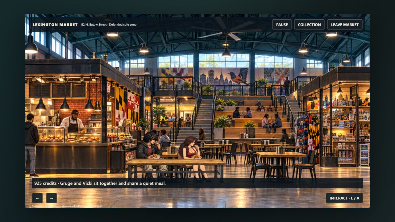 Gameplay screenshot of Gruge in his black jacket and Vicki in her red dress, seated behind a wooden table sharing chicken boxes in Lexington Market's painted food hall.