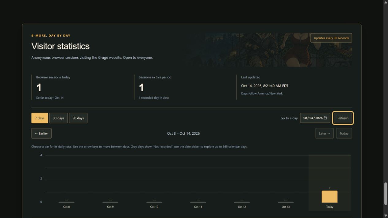 A preview of the shared Gruge visitor chart, with today's total, seven daily bars and date navigation.