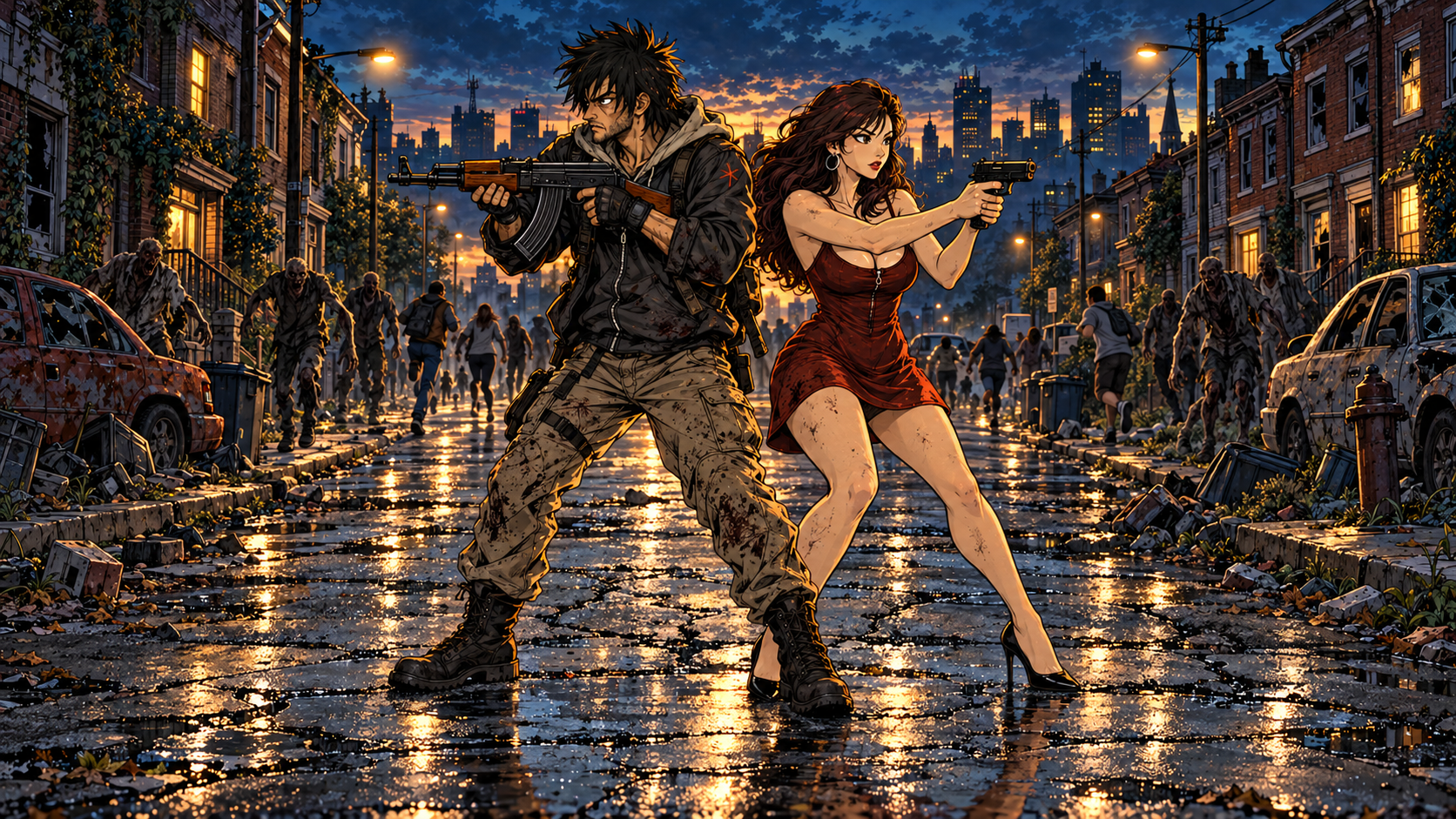 Gruge and the smaller Vicki stand back to back in an invaded street, with his AK and her 9mm pistol ready.