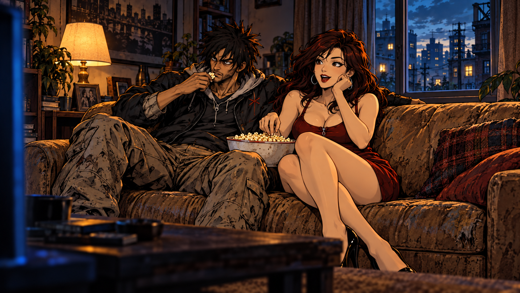 Gruge in his black jacket and Vicki in her red mini dress sit together on a couch with popcorn in a lamplit living room.